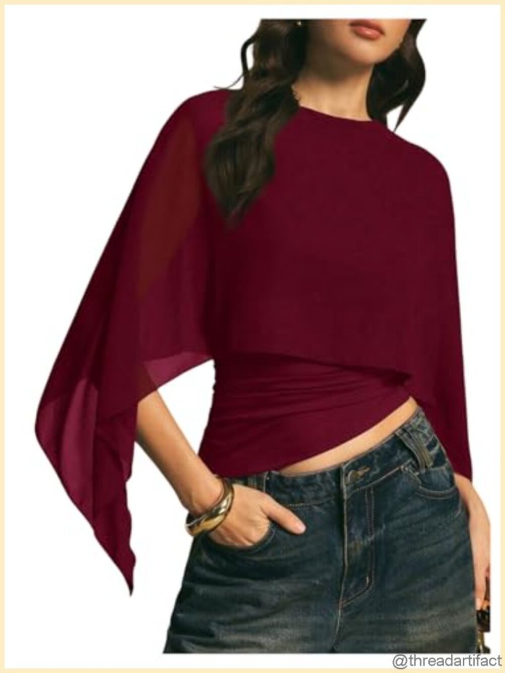Chiffon Asymmetrical Top Fold Over Shawl Poncho 3/4 Sleeve Slim Fit